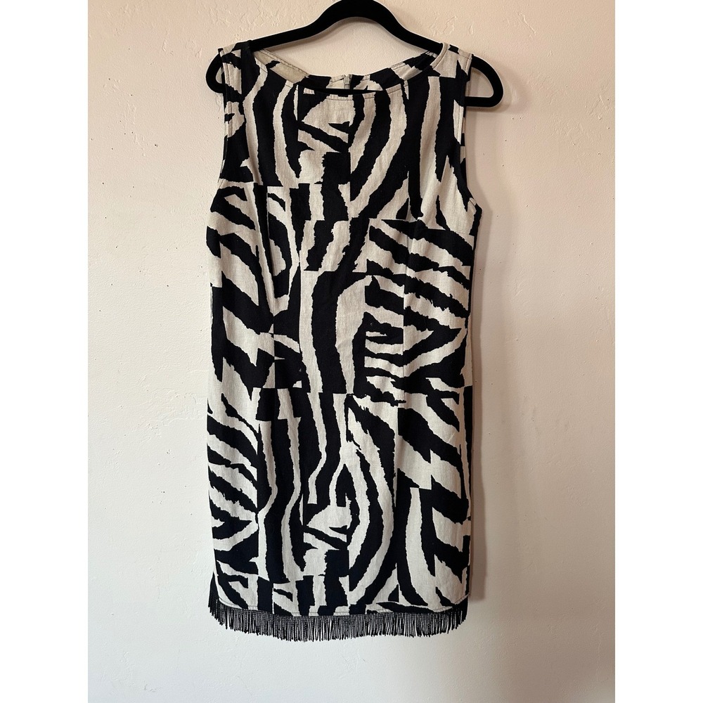 Vintage Robbie Bee Zebra Print Dress 14P Black White Fringe Linen Blend